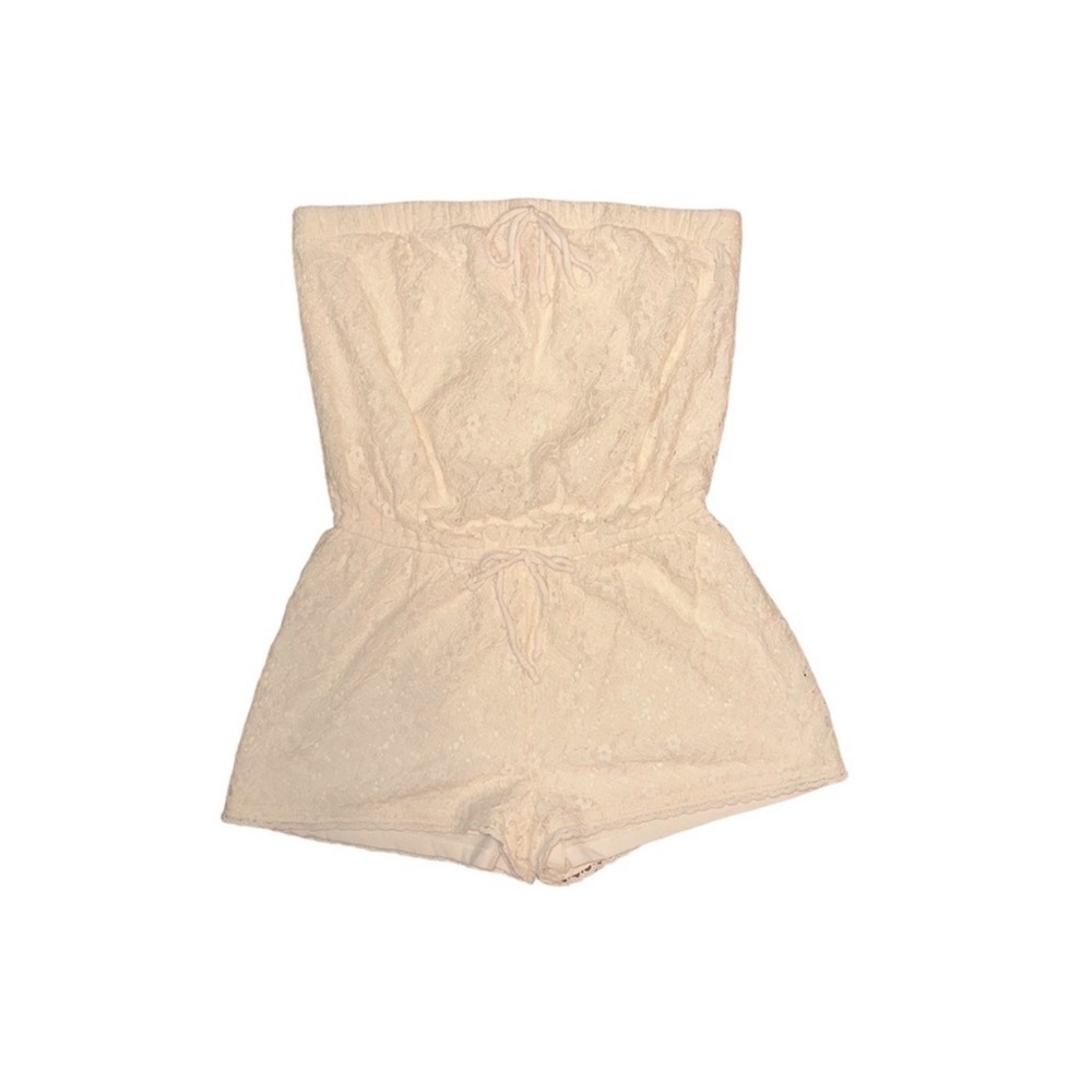 Chelsea and Violet Off White Strapless Romper with Floral Lace Details Size M